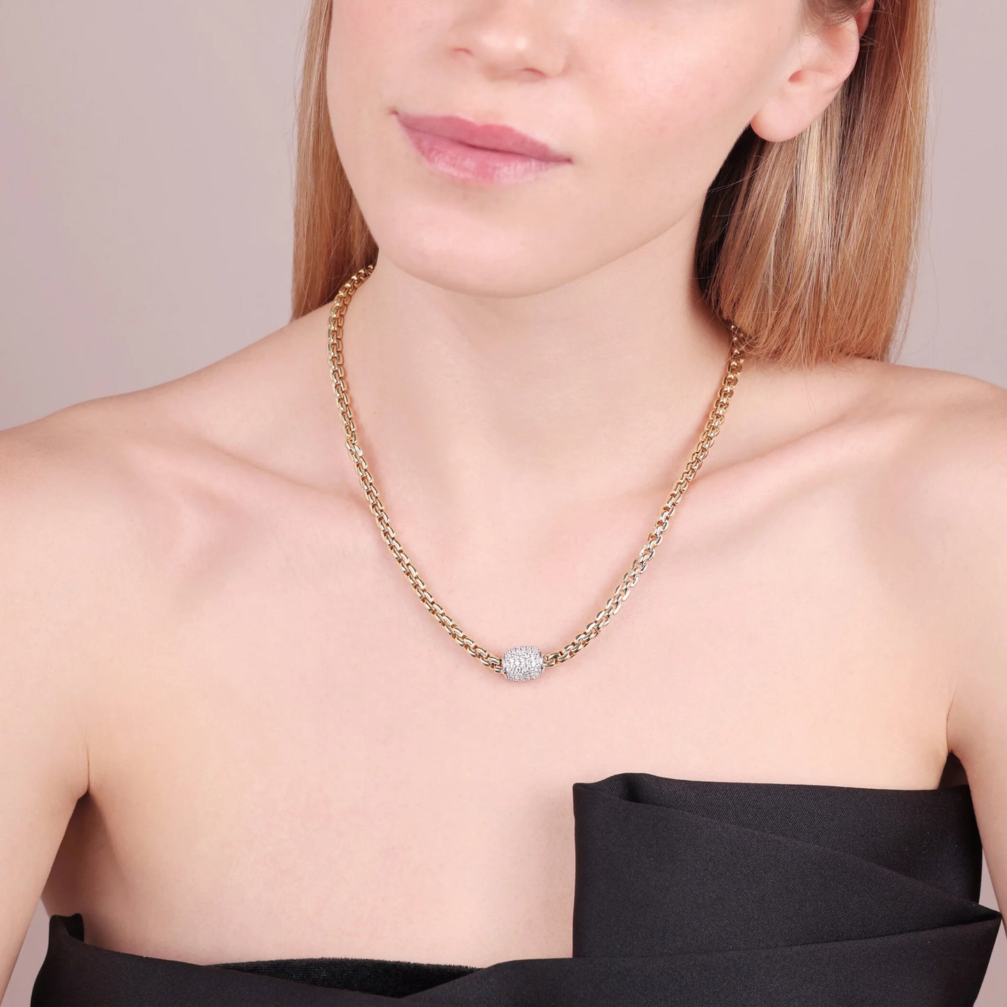 Collana Girocollo Maglia Veneziana in Argento 925 placcato Oro Giallo 18Kt con Pavé di Cubic Zirconia