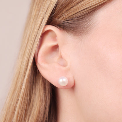 Orecchini in Argento 925 placcato Oro Giallo 18Kt con Perle d'Acqua Dolce a Bottone Bianche Ø 8/9 mm