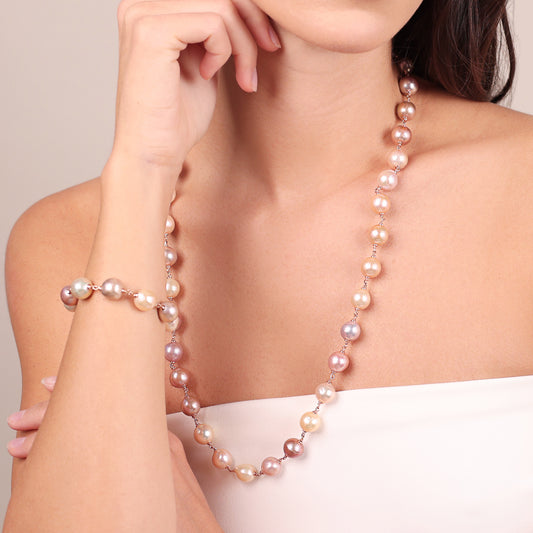 Collana Lunga in Argento 925 placcato Oro Rosa 18Kt con Perle Ming Multicolor d'Acqua Dolce Ø 11/12 mm