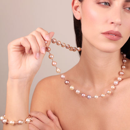 Collana Lunga in Argento 925 placcato Oro Rosa 18Kt con Perle Ming Multicolor d'Acqua Dolce Ø 11/12 mm