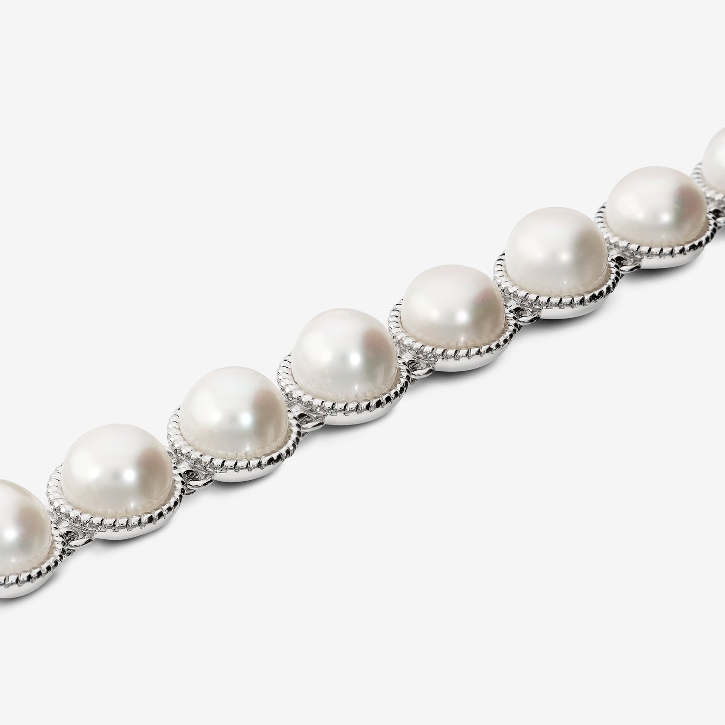 Bracciale Tennis di Perle a Bottone Bianche d'Acqua Dolce Ø 9/9.5 mm in Argento 925 placcato Oro Bianco 18Kt