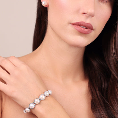 Bracciale Tennis di Perle a Bottone Bianche d'Acqua Dolce Ø 9/9.5 mm in Argento 925 placcato Oro Bianco 18Kt