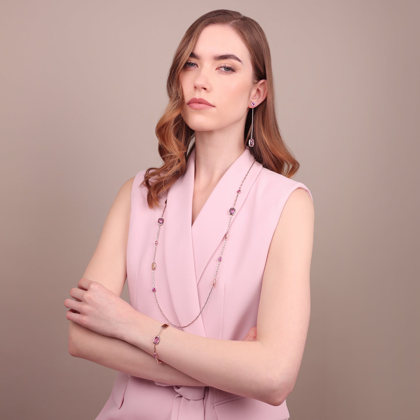 Collana Lunga con Pepite e Prisma Gem Tonde e a Baguette