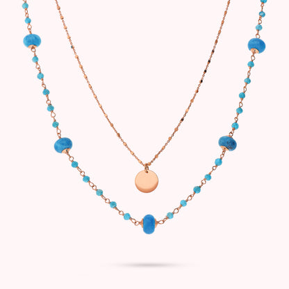 Collier chapelet à plusieurs rangs avec pendentif en apatite bleue et disque