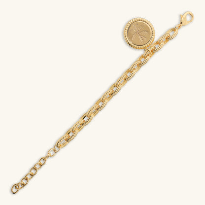 Bracciale Maglie Ovali Texture Rigata con Ciondolo Moneta