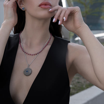 Collana in Argento 925 placcato Rutenio con Pendente Texture Riccio di Mare e Pietra Naturale