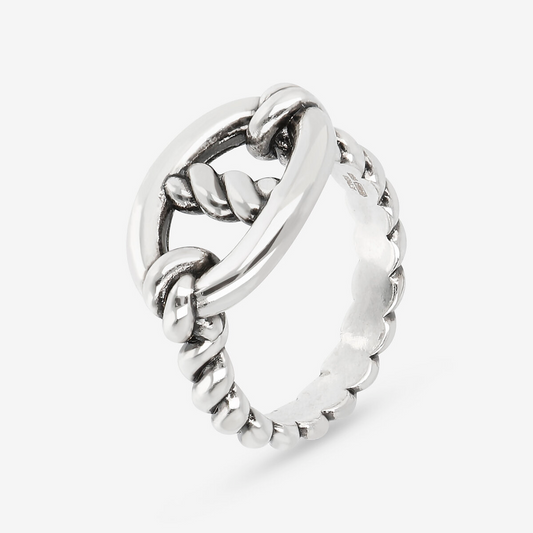 Anello Cocktail Texture Corda con Maglia Marina in Argento 925