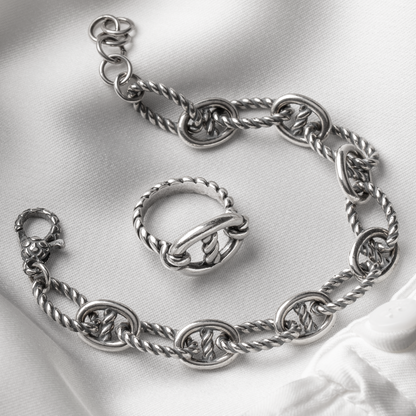 Anello Cocktail Texture Corda con Maglia Marina in Argento 925